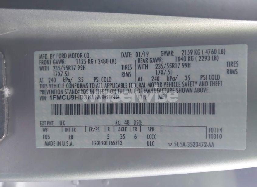 Photo 9 of 2019 Ford Escape SEL (VIN 1FMCU9HD3KUA96999)