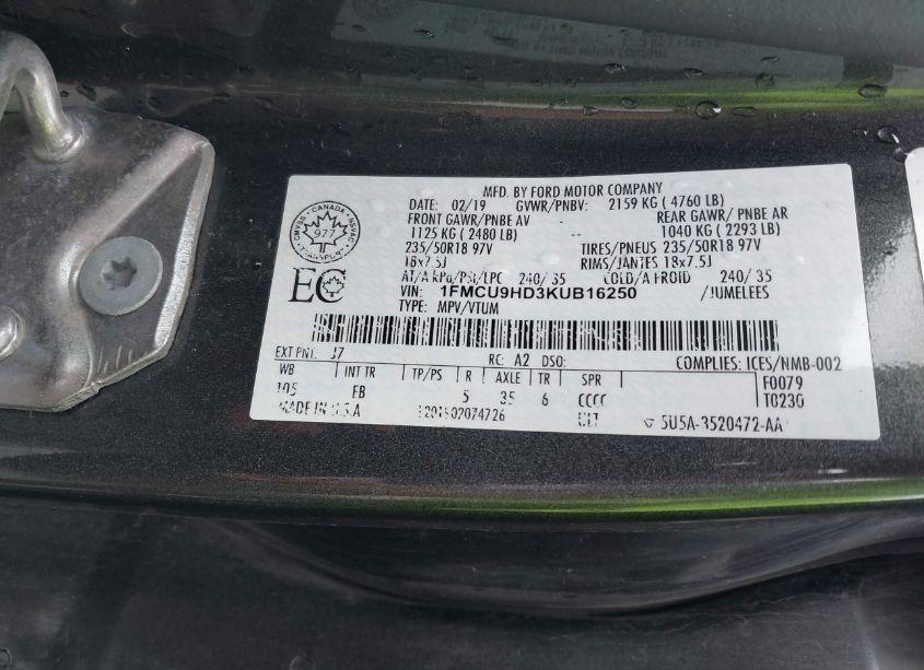 Photo 9 of 2019 Ford Escape SEL (VIN 1FMCU9HD3KUB16250)