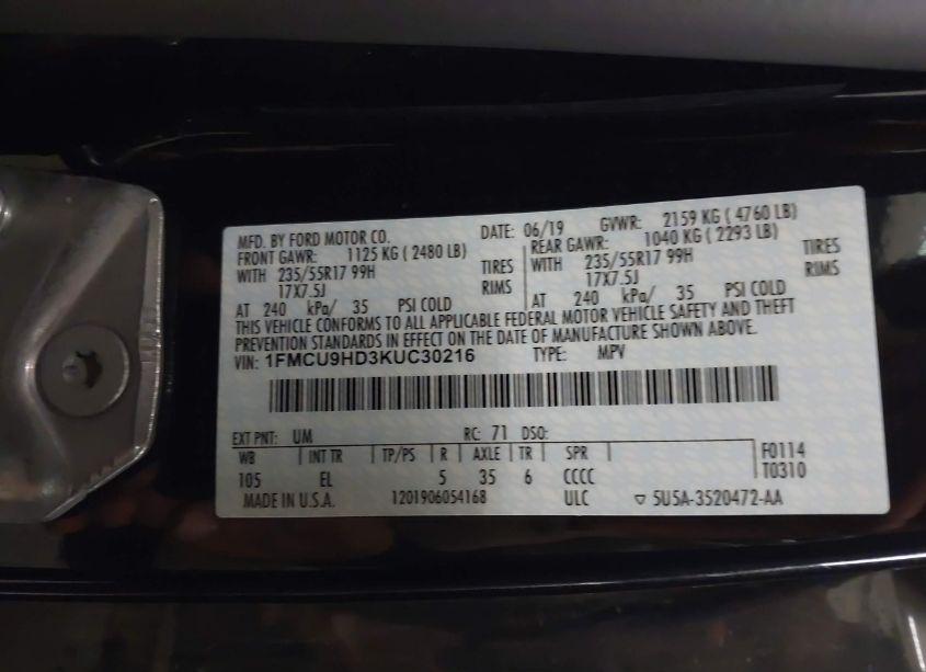 Photo 9 of 2019 Ford Escape SEL (VIN 1FMCU9HD3KUC30216)