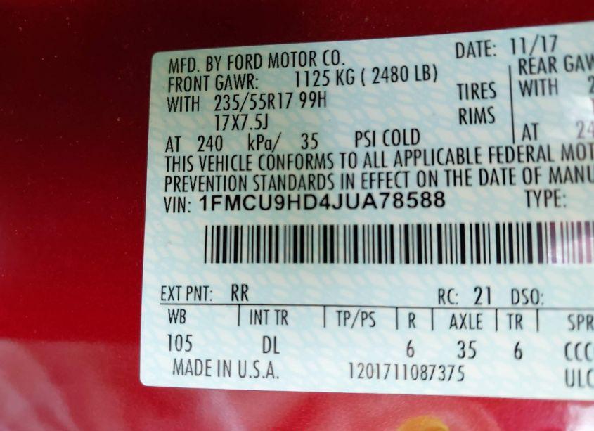 Photo 9 of 2018 Ford Escape SEL (VIN 1FMCU9HD4JUA78588)