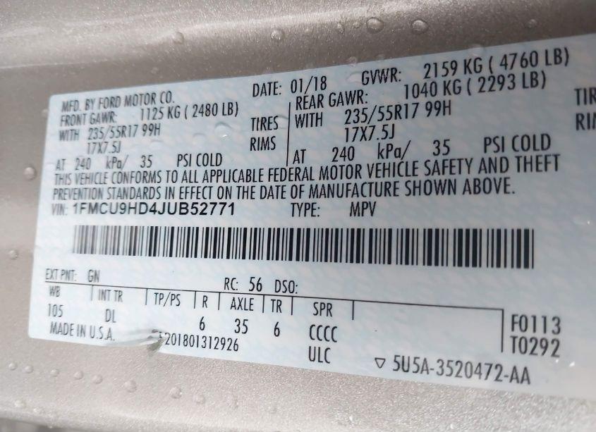 Photo 9 of 2018 Ford Escape SEL (VIN 1FMCU9HD4JUB52771)