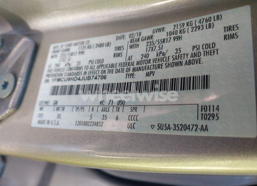 Photo 9 of 2018 Ford Escape SEL (VIN 1FMCU9HD4JUB74706)