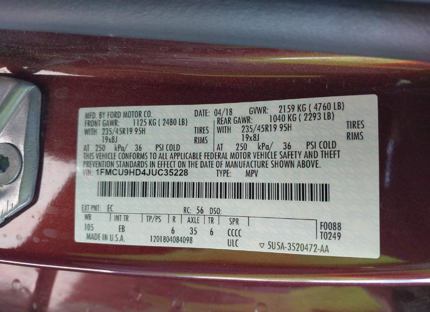 Photo 9 of 2018 Ford Escape SEL (VIN 1FMCU9HD4JUC35228)