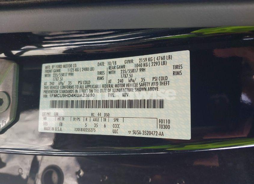 Photo 9 of 2019 Ford Escape SEL (VIN 1FMCU9HD4KUA23690)