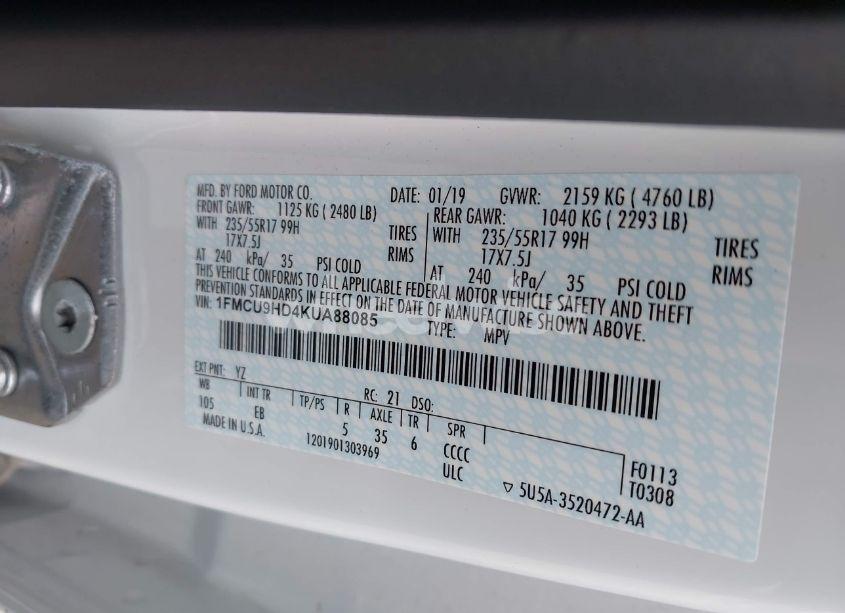 Photo 9 of 2019 Ford Escape SEL (VIN 1FMCU9HD4KUA88085)