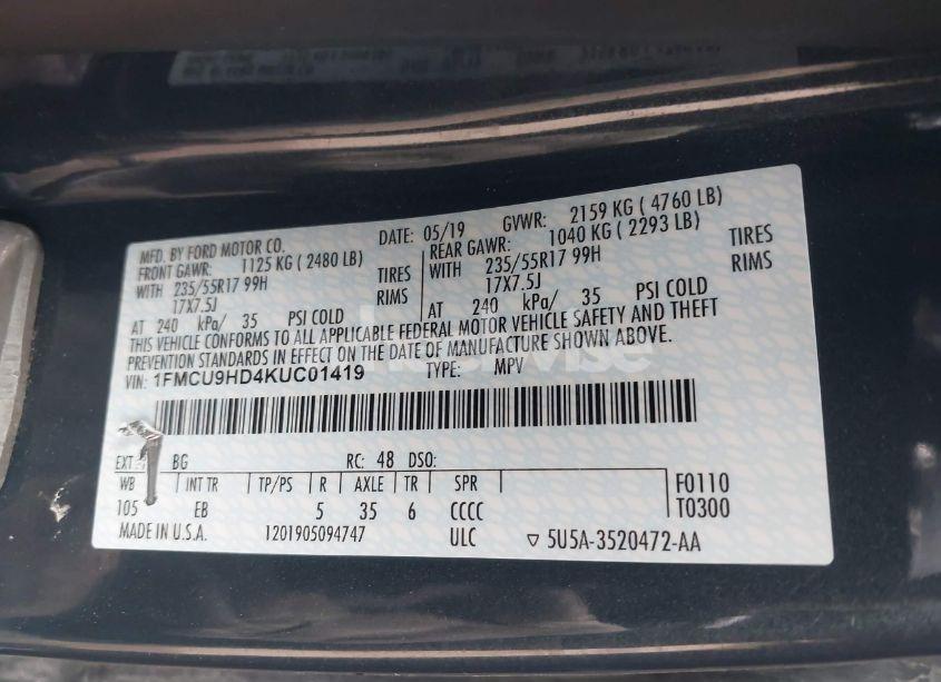 Photo 9 of 2019 Ford Escape SEL (VIN 1FMCU9HD4KUC01419)