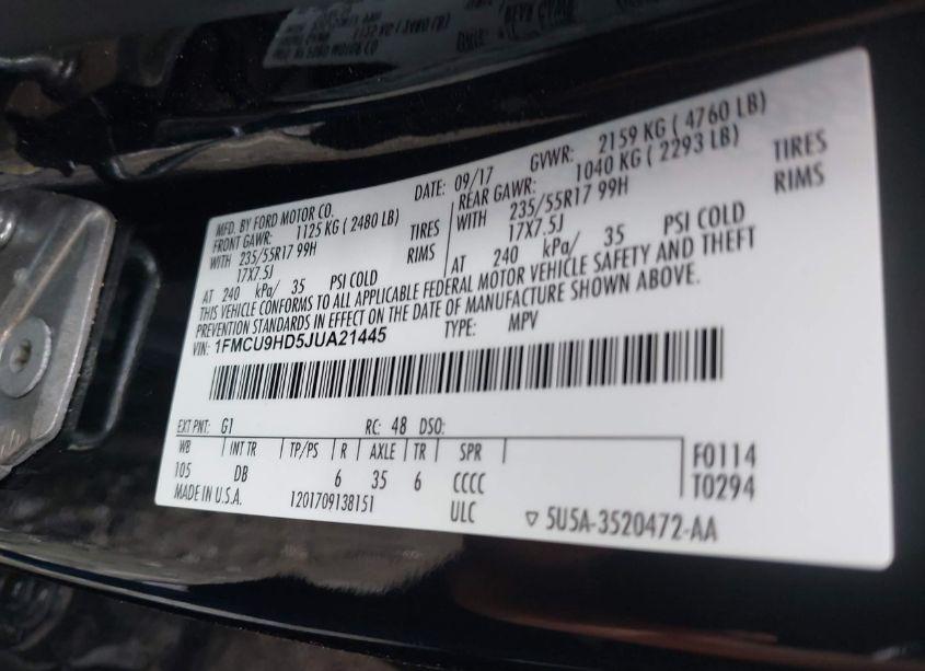 Photo 9 of 2018 Ford Escape SEL (VIN 1FMCU9HD5JUA21445)