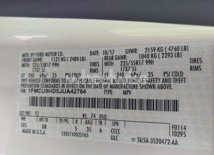 Photo 9 of 2018 Ford Escape SEL (VIN 1FMCU9HD5JUA42764)