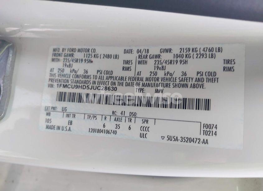 Photo 9 of 2018 Ford Escape SEL (VIN 1FMCU9HD5JUC28630)