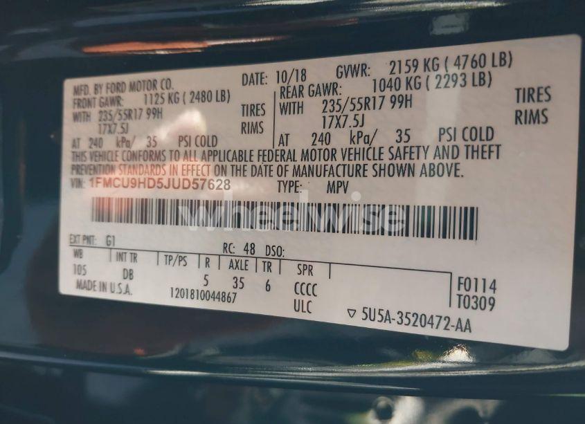 Photo 9 of 2018 Ford Escape SEL (VIN 1FMCU9HD5JUD57628)