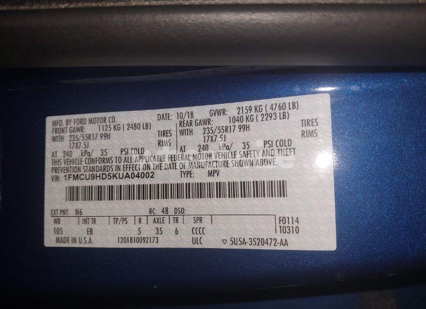 Photo 9 of 2019 Ford Escape SEL (VIN 1FMCU9HD5KUA04002)