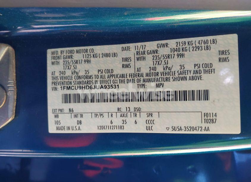 Photo 9 of 2018 Ford Escape SEL (VIN 1FMCU9HD6JUA93531)