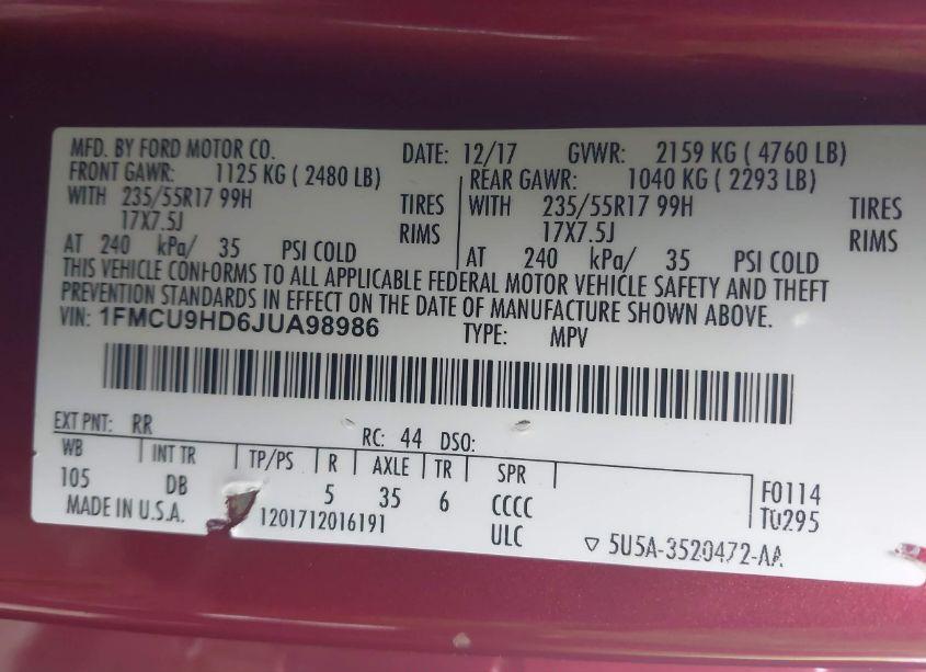 Photo 9 of 2018 Ford Escape SEL (VIN 1FMCU9HD6JUA98986)