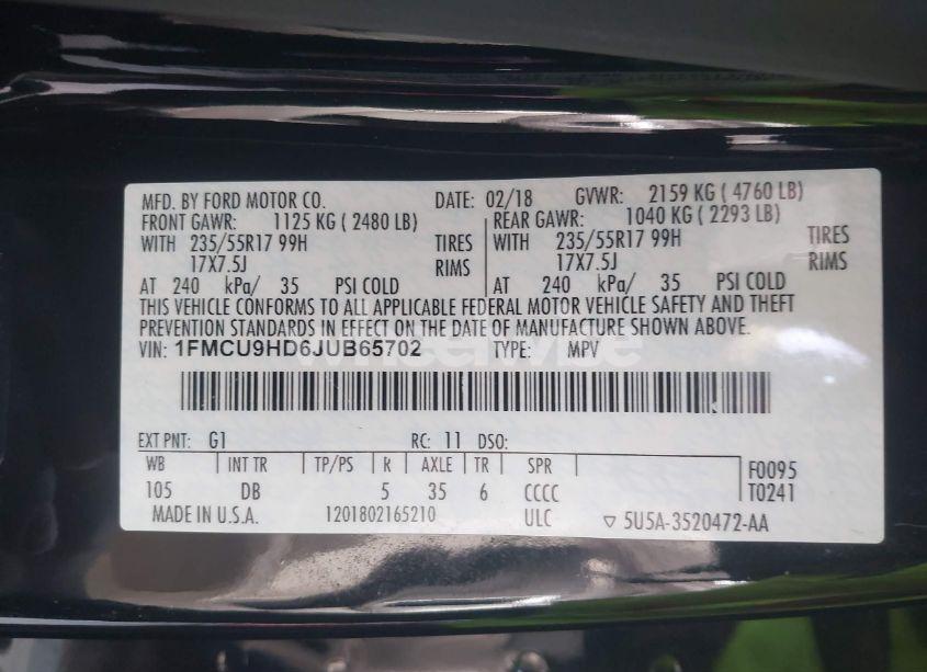 Photo 9 of 2018 Ford Escape SEL (VIN 1FMCU9HD6JUB65702)