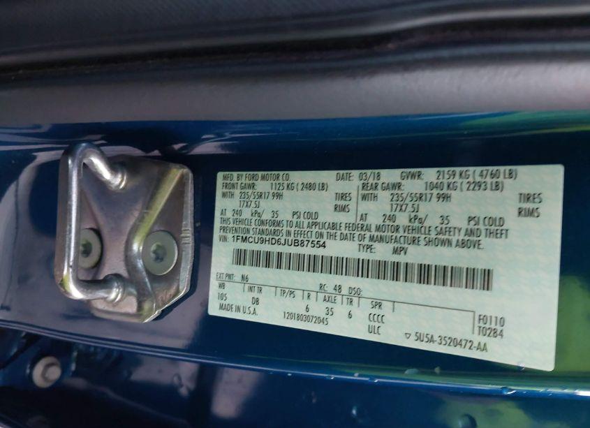 Photo 9 of 2018 Ford Escape SEL (VIN 1FMCU9HD6JUB87554)