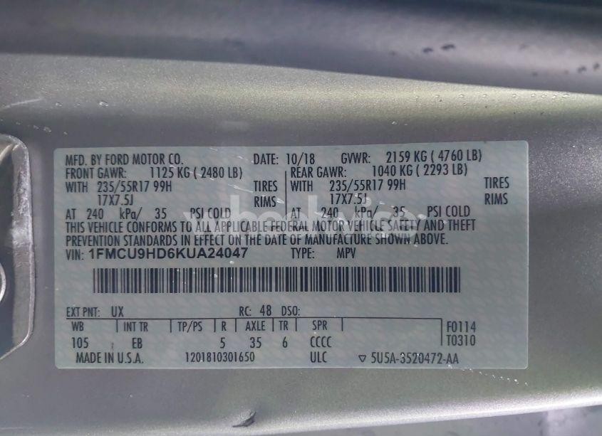 Photo 9 of 2019 Ford Escape SEL (VIN 1FMCU9HD6KUA24047)