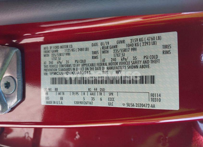 Photo 9 of 2019 Ford Escape SEL (VIN 1FMCU9HD6KUA93515)