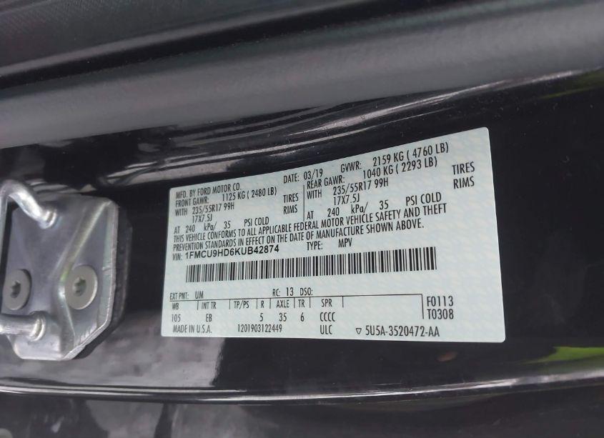 Photo 9 of 2019 Ford Escape SEL (VIN 1FMCU9HD6KUB42874)