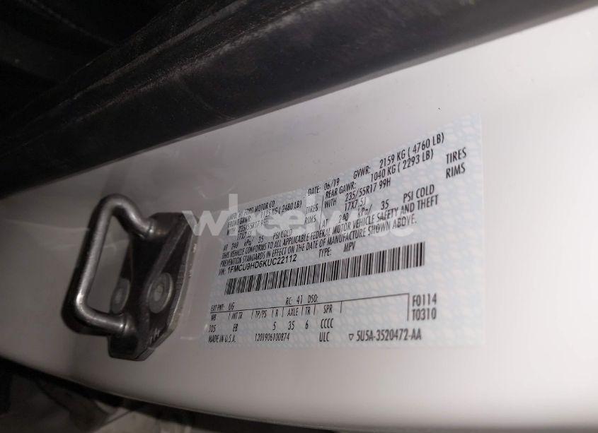 Photo 9 of 2019 Ford Escape SEL (VIN 1FMCU9HD6KUC22112)