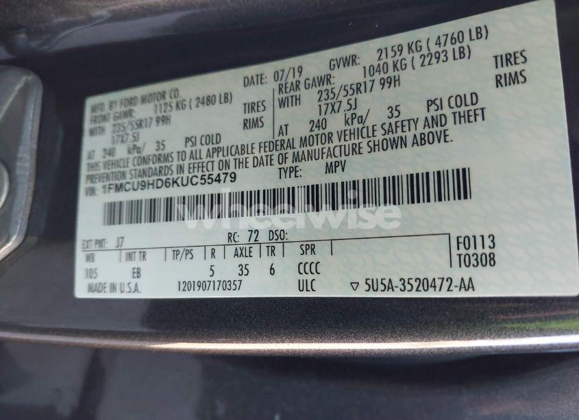 Photo 9 of 2019 Ford Escape SEL (VIN 1FMCU9HD6KUC55479)