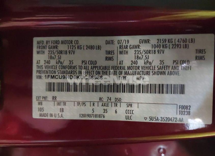 Photo 9 of 2019 Ford Escape SEL (VIN 1FMCU9HD6KUC56986)