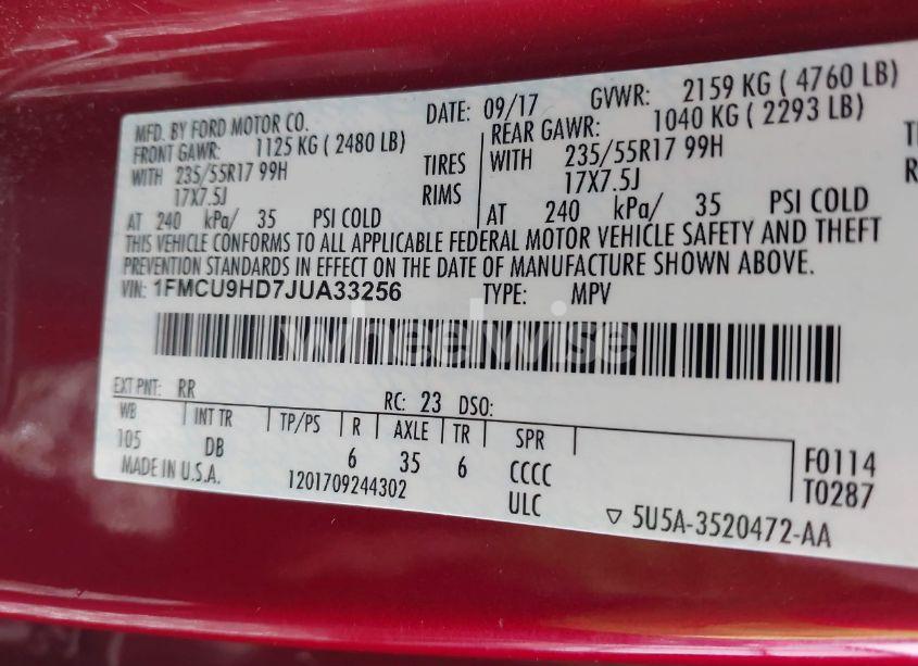 Photo 9 of 2018 Ford Escape SEL (VIN 1FMCU9HD7JUA33256)