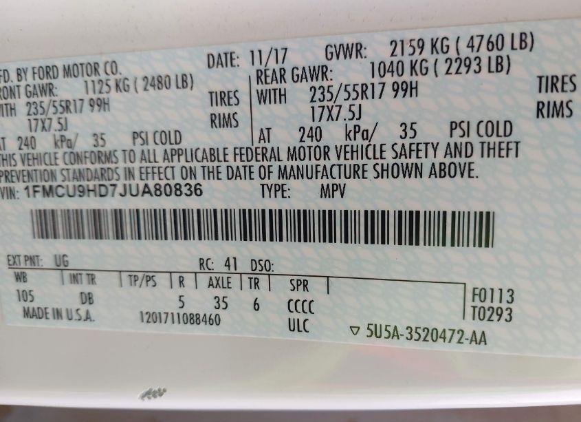 Photo 9 of 2018 Ford Escape SEL (VIN 1FMCU9HD7JUA80836)