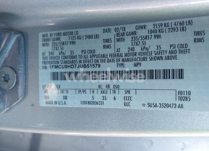 Photo 9 of 2018 Ford Escape SEL (VIN 1FMCU9HD7JUB51579)