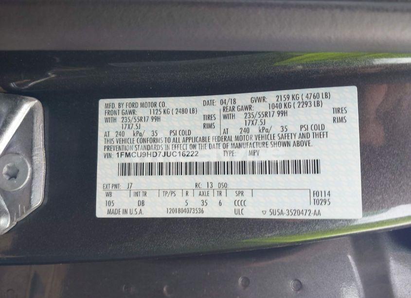 Photo 9 of 2018 Ford Escape SEL (VIN 1FMCU9HD7JUC16222)