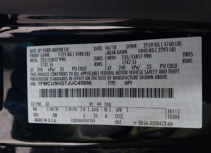 Photo 9 of 2018 Ford Escape SEL (VIN 1FMCU9HD7JUC45896)