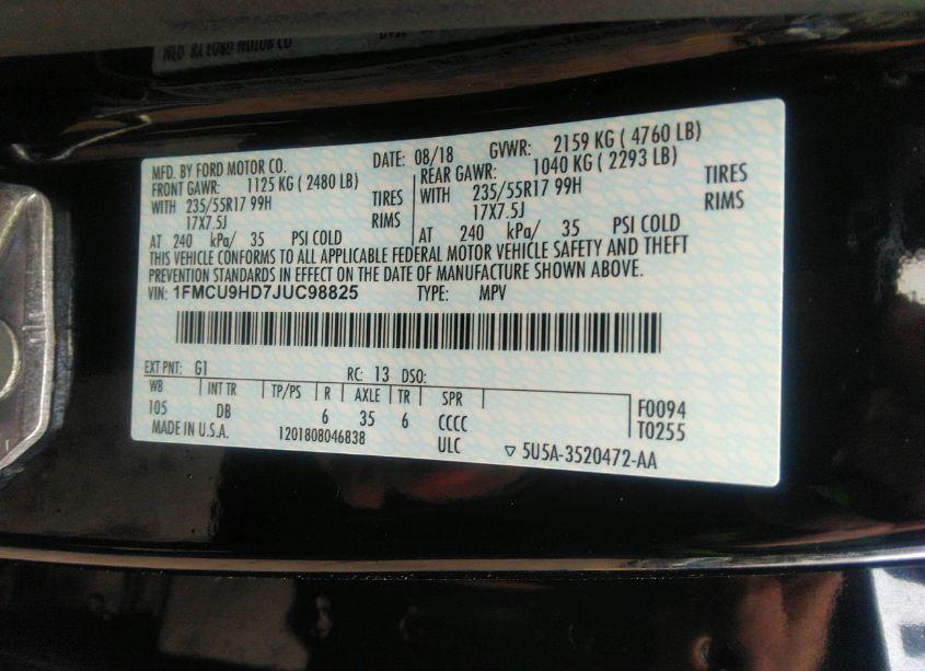 Photo 9 of 2018 Ford Escape SEL (VIN 1FMCU9HD7JUC98825)