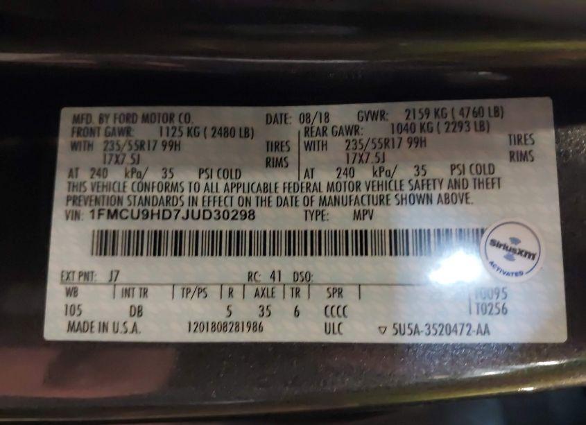 Photo 9 of 2018 Ford Escape SEL (VIN 1FMCU9HD7JUD30298)