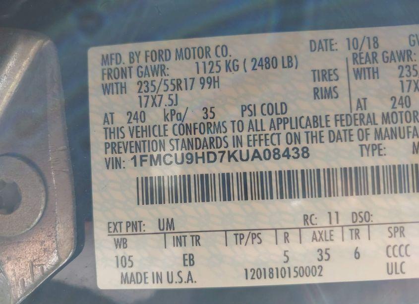 Photo 9 of 2019 Ford Escape SEL (VIN 1FMCU9HD7KUA08438)