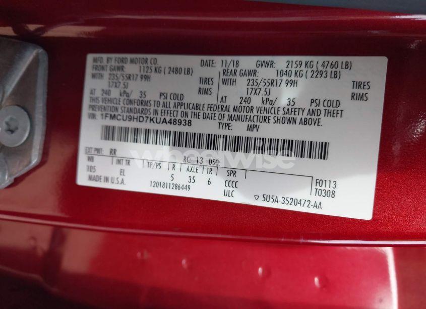 Photo 9 of 2019 Ford Escape SEL (VIN 1FMCU9HD7KUA48938)