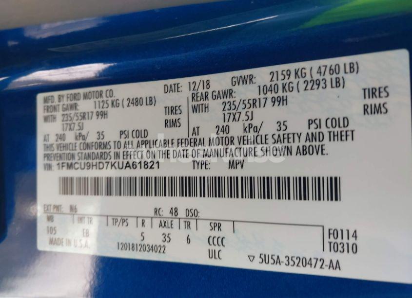 Photo 9 of 2019 Ford Escape SEL (VIN 1FMCU9HD7KUA61821)