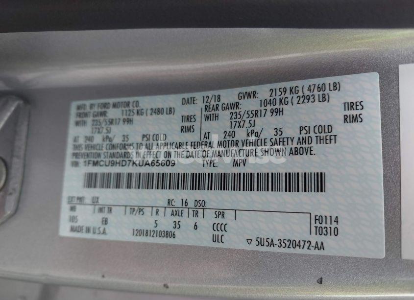 Photo 9 of 2019 Ford Escape SEL (VIN 1FMCU9HD7KUA65609)