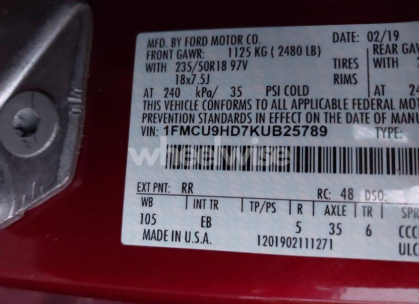 Photo 9 of 2019 Ford Escape SEL (VIN 1FMCU9HD7KUB25789)