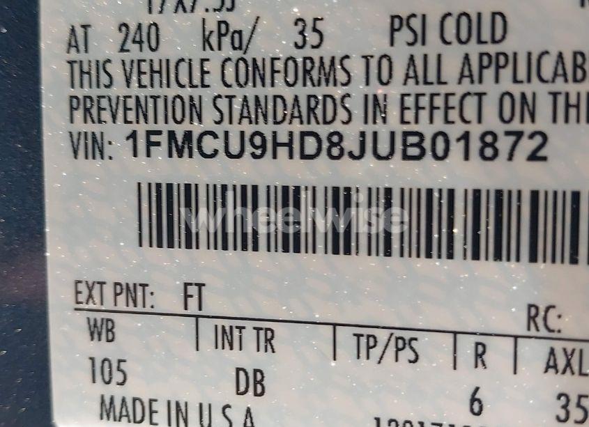 Photo 9 of 2018 Ford Escape SEL (VIN 1FMCU9HD8JUB01872)