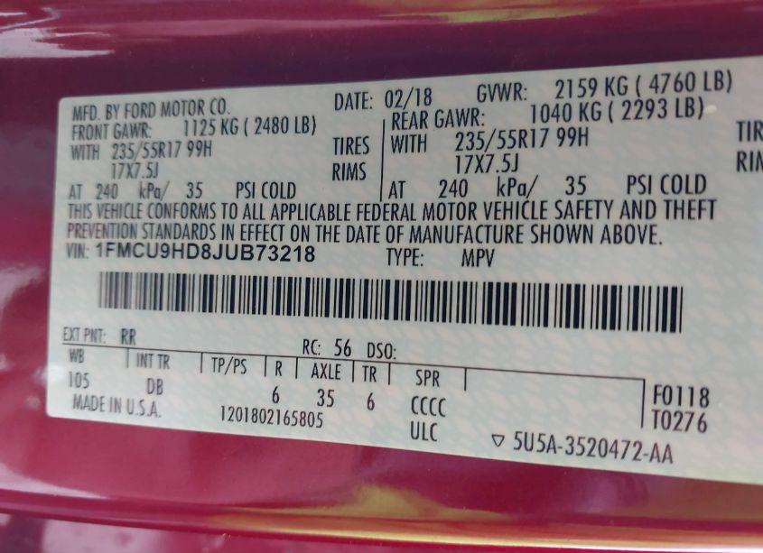 Photo 9 of 2018 Ford Escape SEL (VIN 1FMCU9HD8JUB73218)