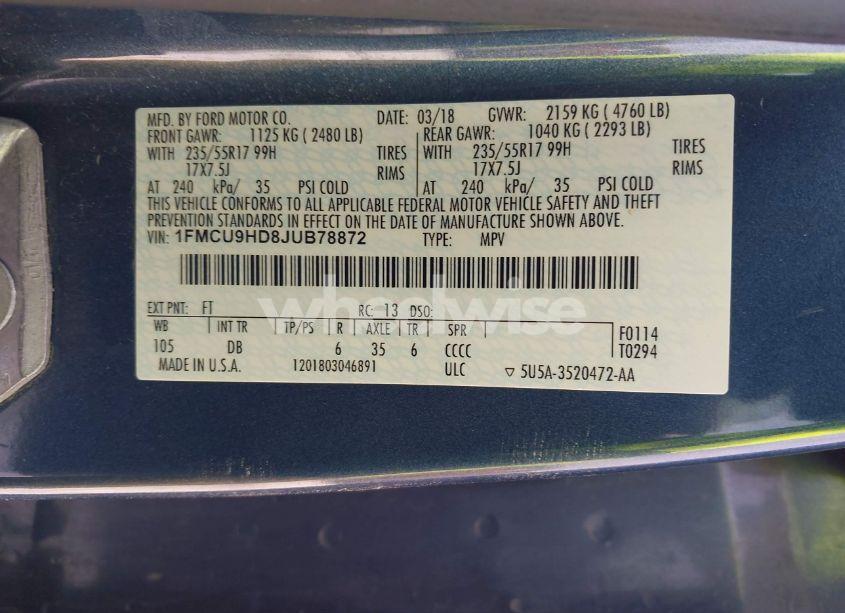 Photo 9 of 2018 Ford Escape SEL (VIN 1FMCU9HD8JUB78872)