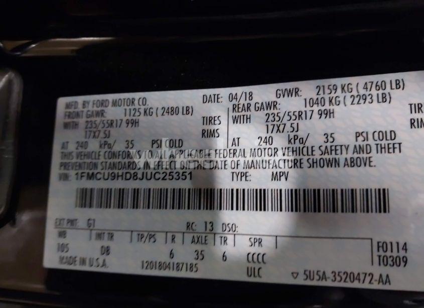 Photo 9 of 2018 Ford Escape SEL (VIN 1FMCU9HD8JUC25351)