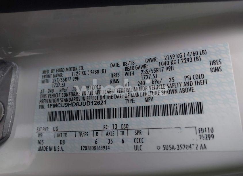 Photo 9 of 2018 Ford Escape SEL (VIN 1FMCU9HD8JUD12621)