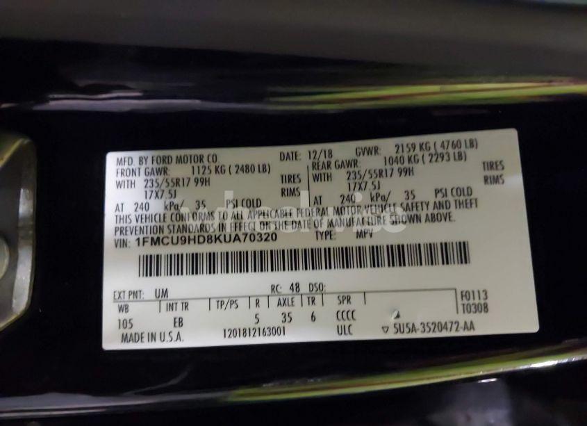 Photo 9 of 2019 Ford Escape SEL (VIN 1FMCU9HD8KUA70320)