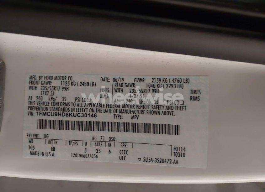 Photo 9 of 2019 Ford Escape SEL (VIN 1FMCU9HD8KUC30146)