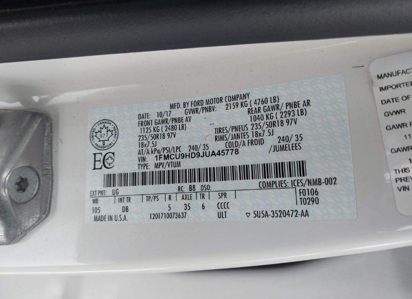 Photo 9 of 2018 Ford Escape SEL (VIN 1FMCU9HD9JUA45778)