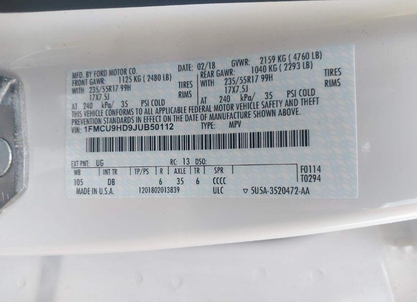 Photo 9 of 2018 Ford Escape SEL (VIN 1FMCU9HD9JUB50112)