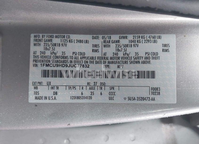 Photo 9 of 2018 Ford Escape SEL (VIN 1FMCU9HD9JUC77832)