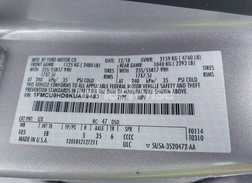 Photo 9 of 2019 Ford Escape SEL (VIN 1FMCU9HD9KUA69483)