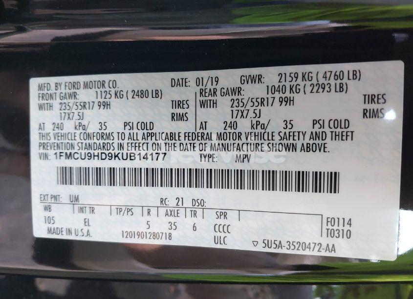 Photo 9 of 2019 Ford Escape SEL (VIN 1FMCU9HD9KUB14177)