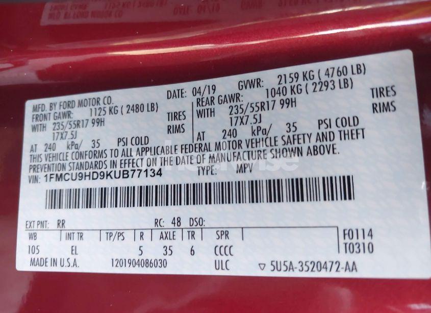 Photo 9 of 2019 Ford Escape SEL (VIN 1FMCU9HD9KUB77134)